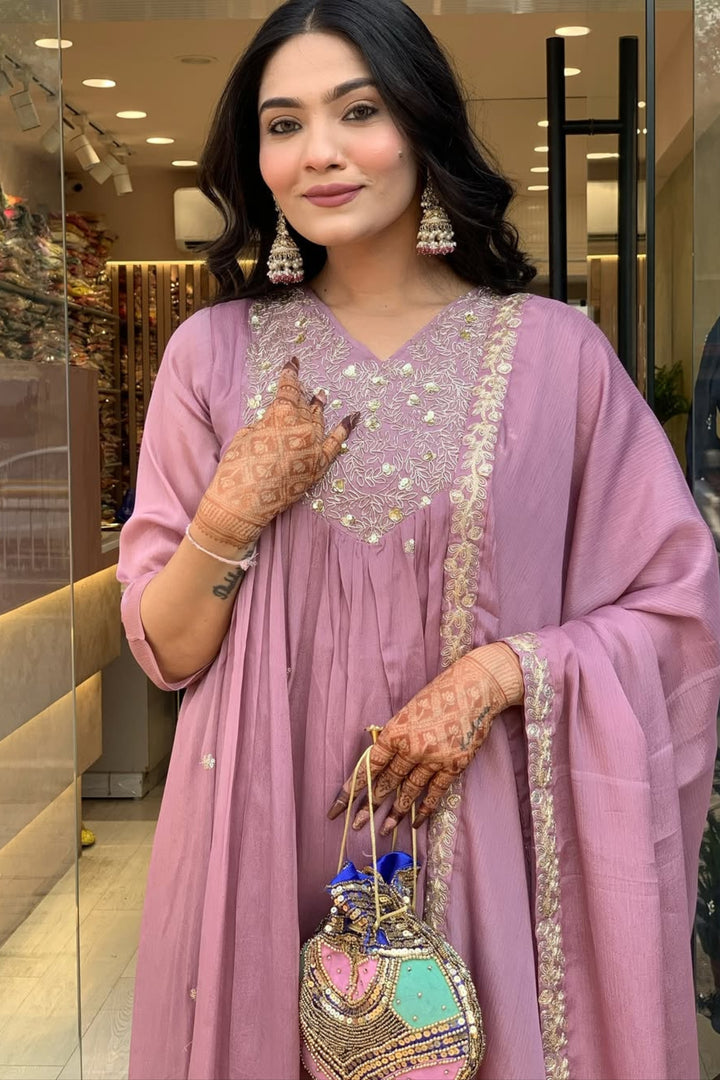 Lavender Color Chinon Fabric Readymade Salwar Suit | Buy Online India