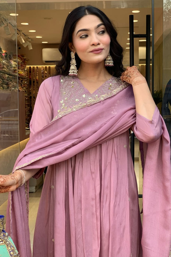 Lavender Color Chinon Fabric Readymade Salwar Suit | Buy Online India