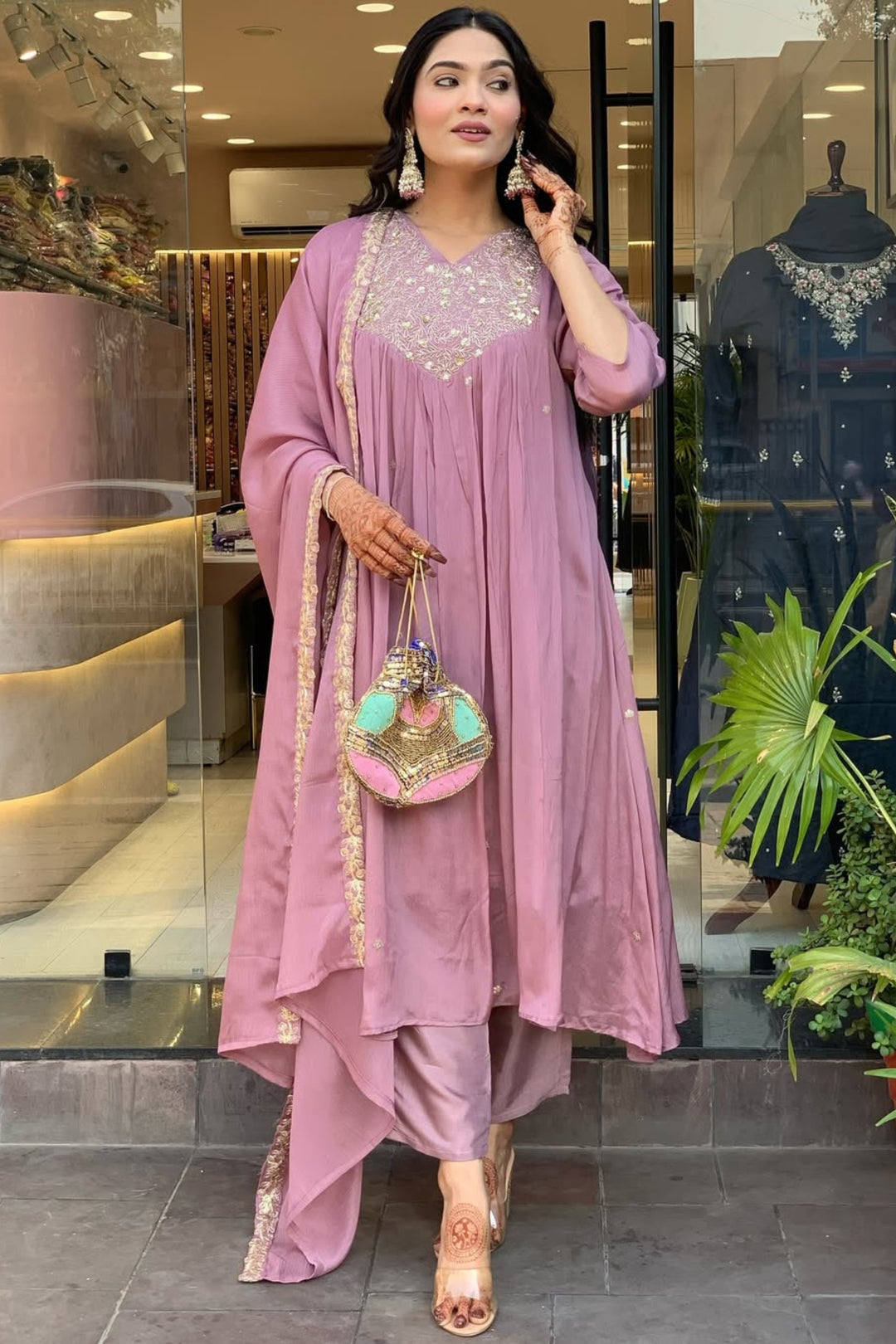 Lavender Color Chinon Fabric Readymade Salwar Suit | Buy Online India