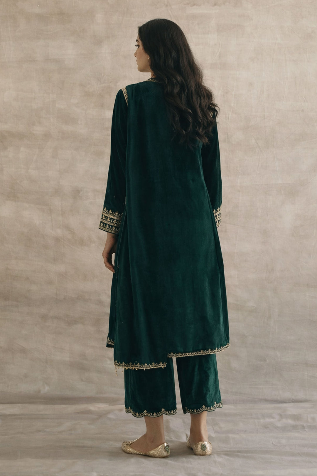 Green Color Velvet Readymade Embroidered Salwar Suit