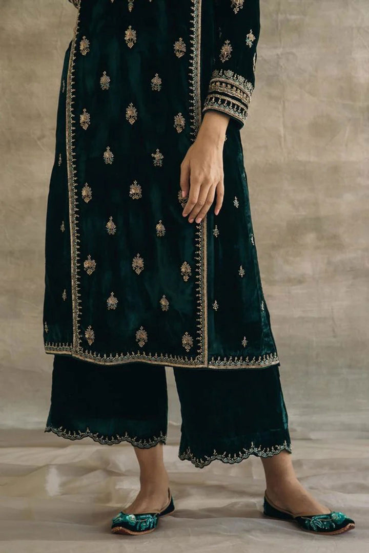 Green Color Velvet Readymade Embroidered Salwar Suit