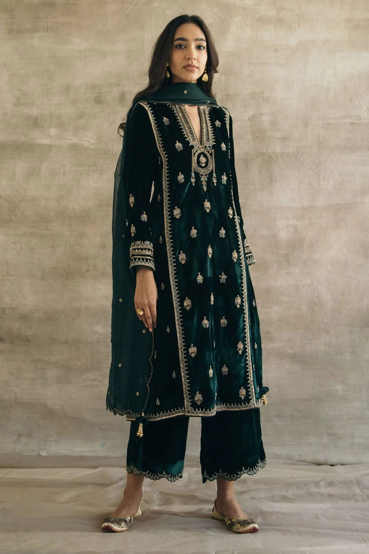 Green Color Velvet Readymade Embroidered Salwar Suit