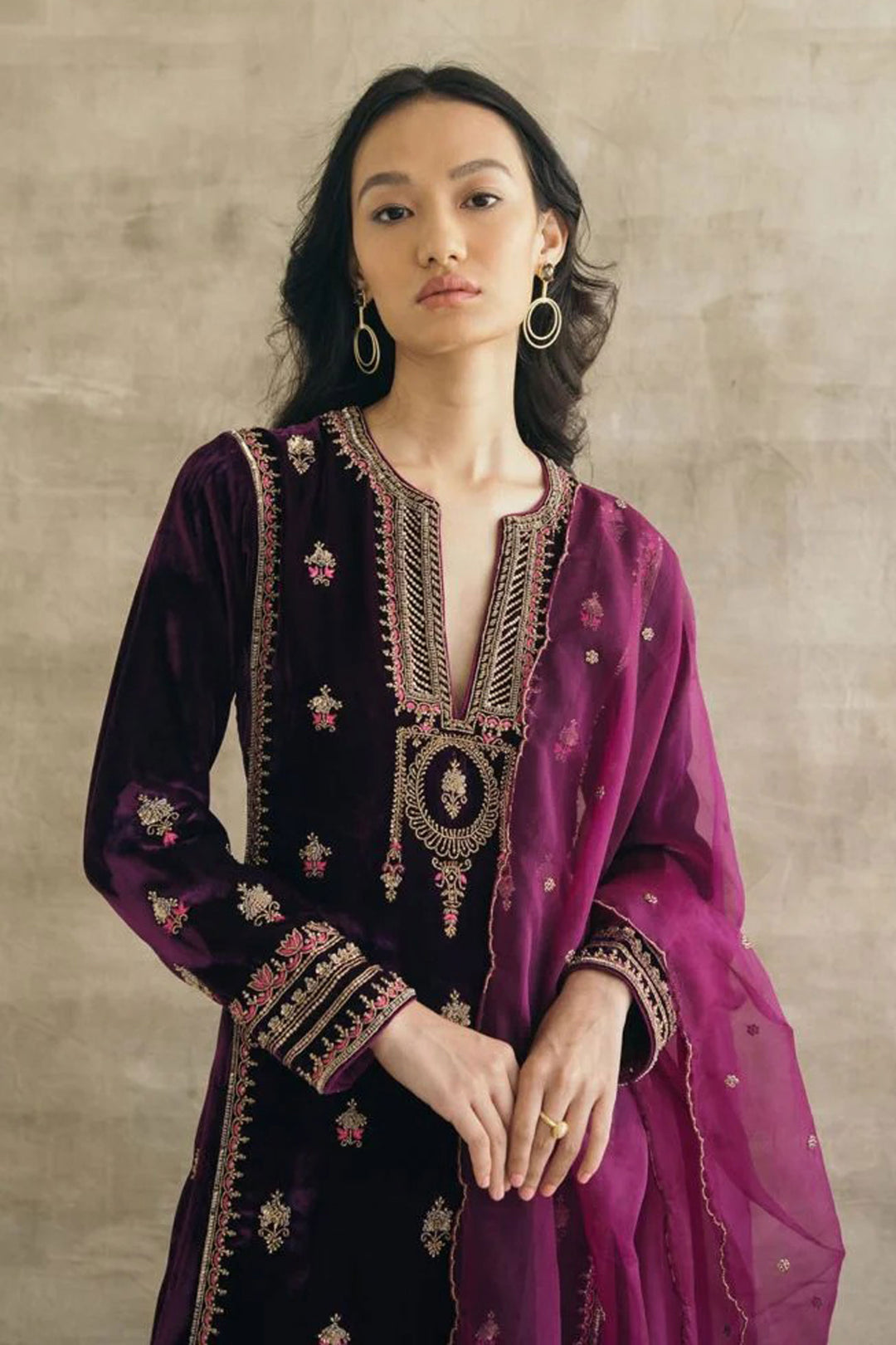 Embroidered Purple Velvet Readymade Salwar Suit