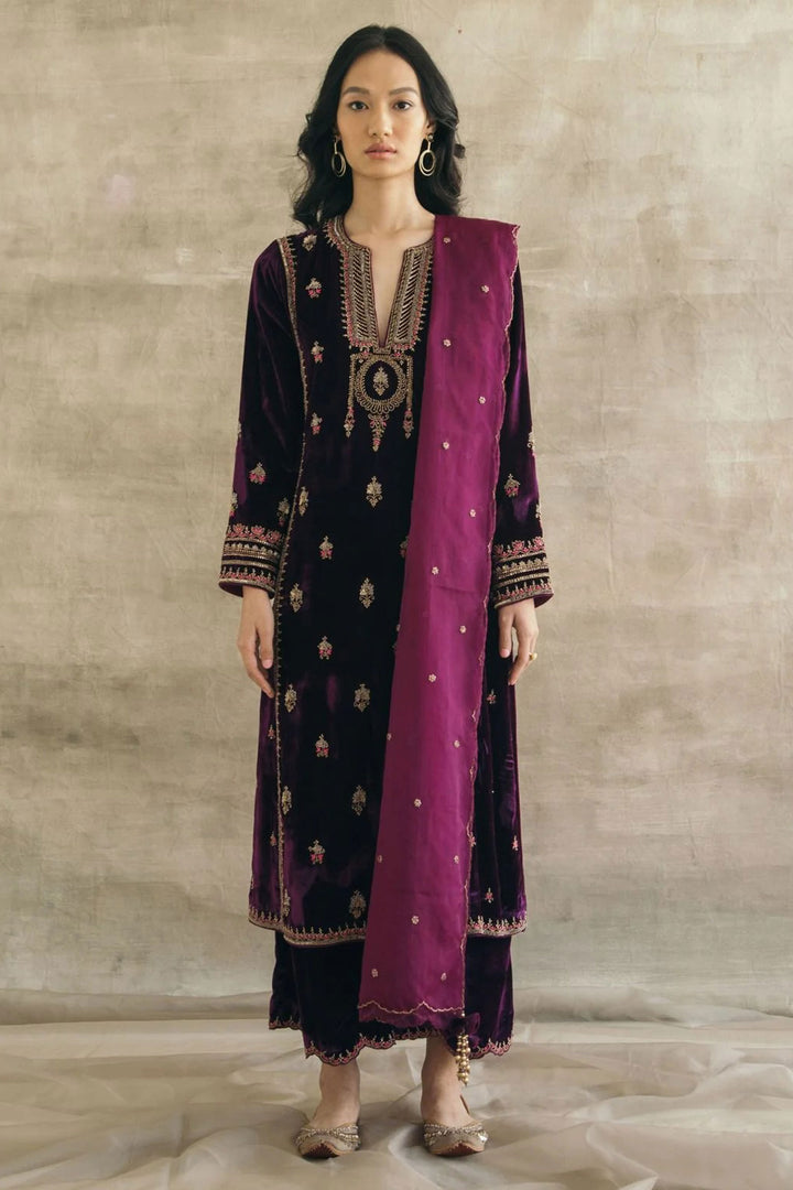 Embroidered Purple Velvet Readymade Salwar Suit