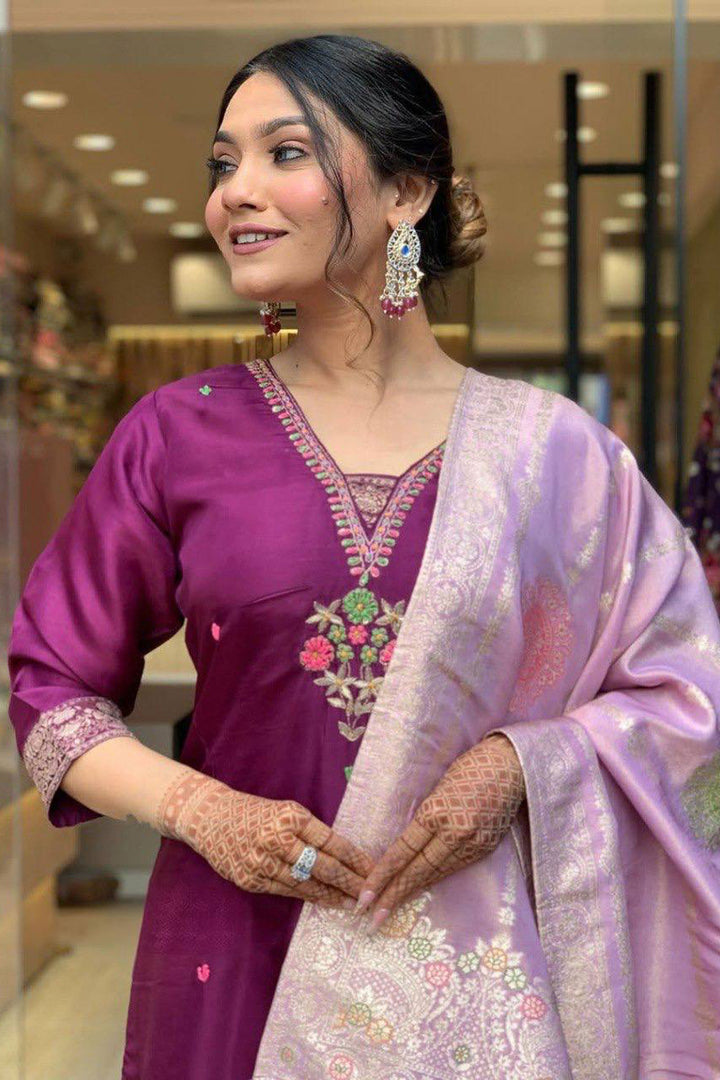 Purple Color Chanderi Readymade Salwar Suit
