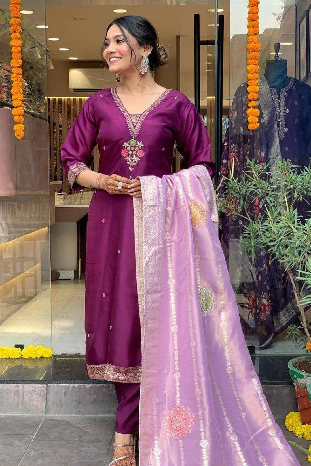 Purple Color Chanderi Readymade Salwar Suit