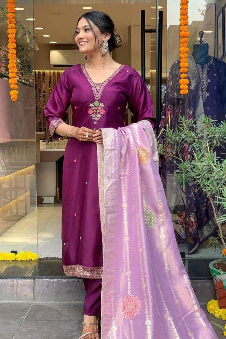 Purple Color Chanderi Readymade Salwar Suit