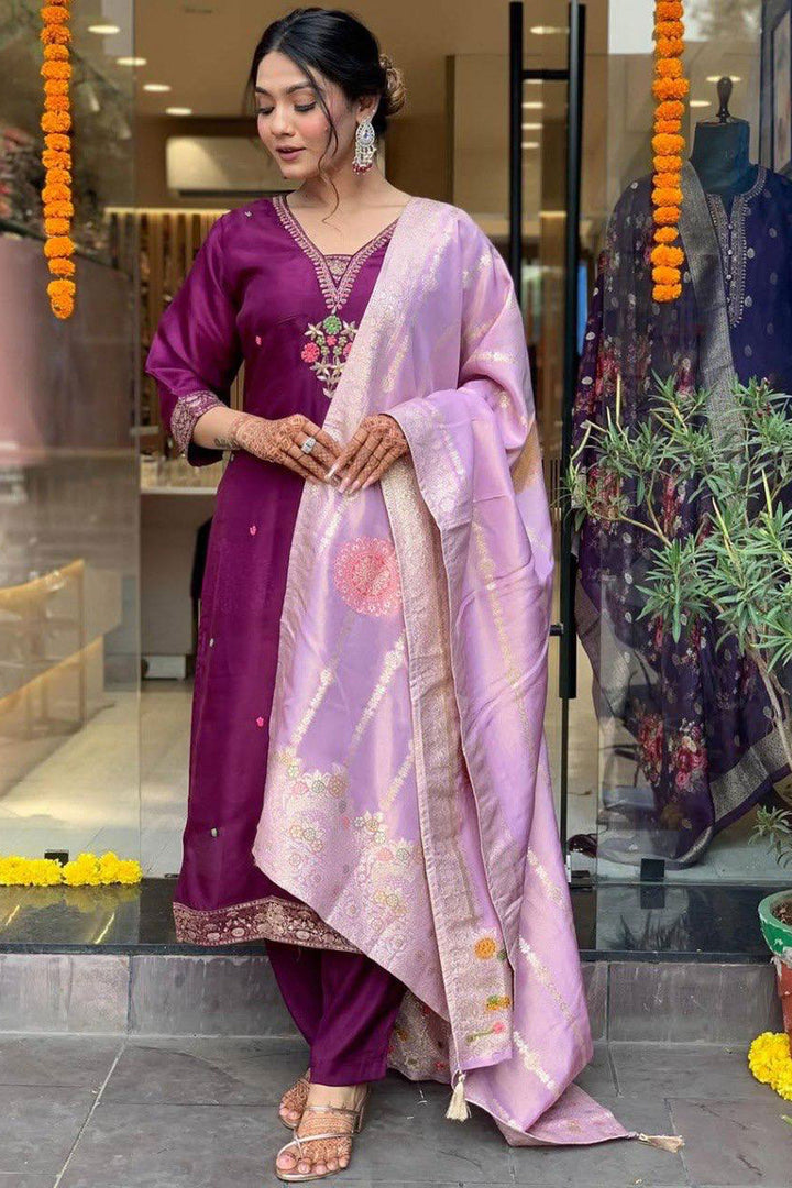 Purple Color Chanderi Readymade Salwar Suit