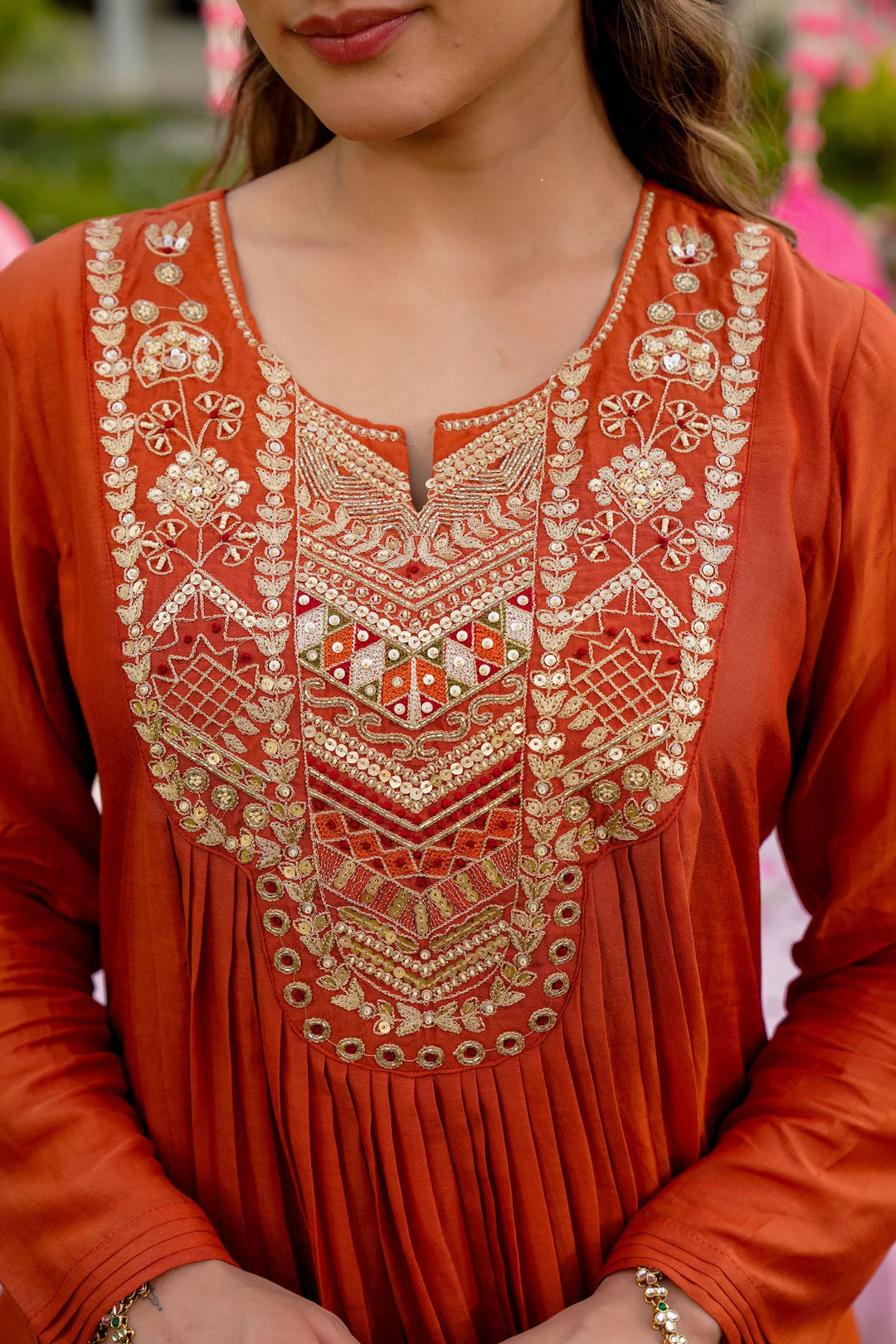 Vichitra Silk Readymade Salwar Suit In Orange Color