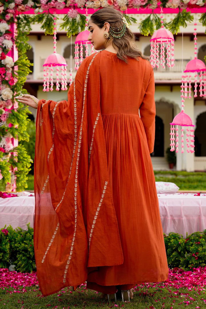 Vichitra Silk Readymade Salwar Suit In Orange Color