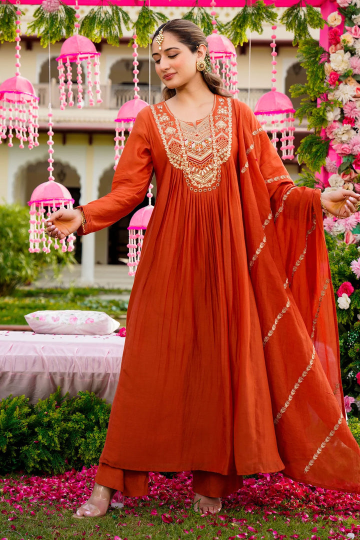 Vichitra Silk Readymade Salwar Suit In Orange Color