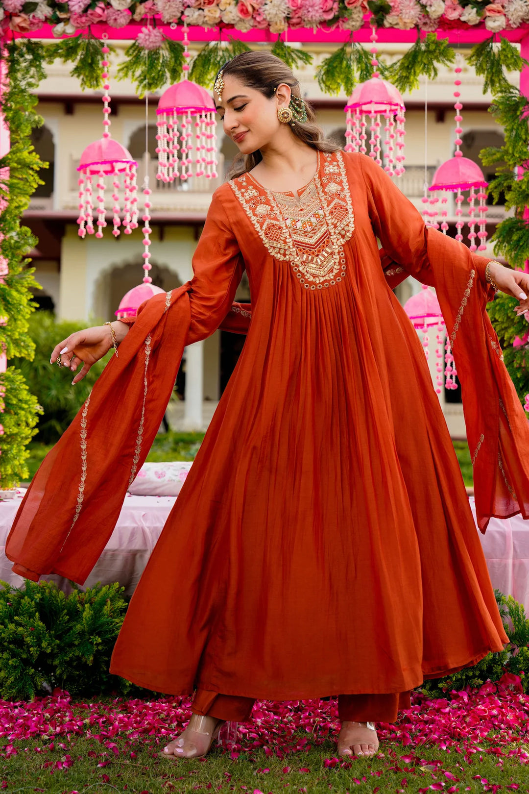 Vichitra Silk Readymade Salwar Suit In Orange Color