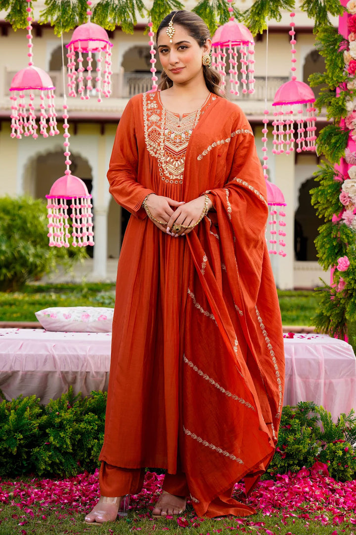 Vichitra Silk Readymade Salwar Suit In Orange Color
