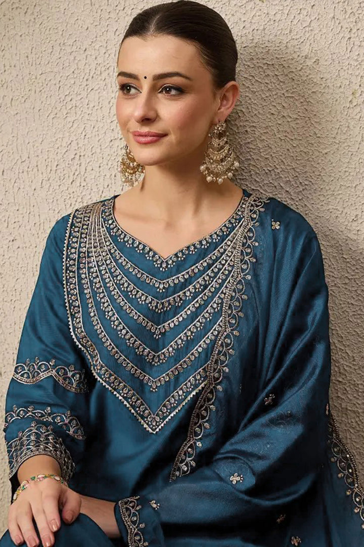 Art Silk Readymade Salwar Suit In Teal Color
