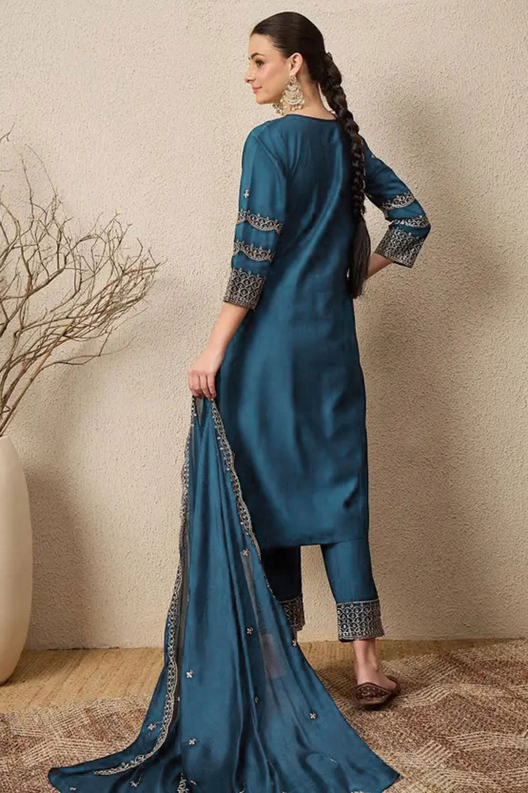 Art Silk Readymade Salwar Suit In Teal Color