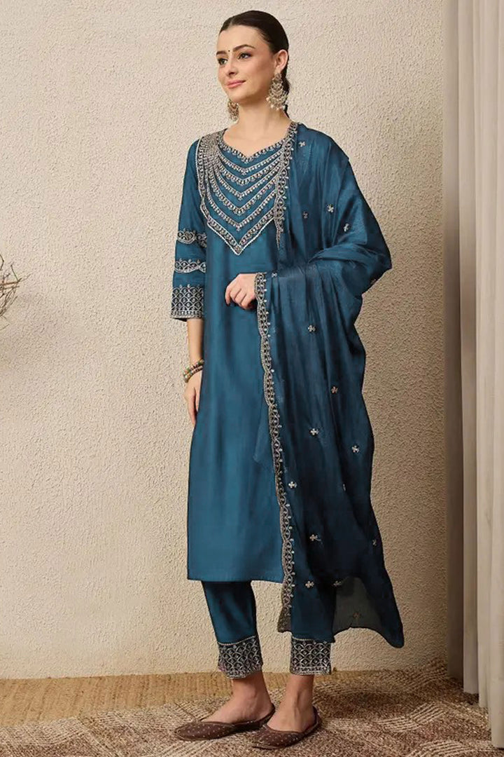 Art Silk Readymade Salwar Suit In Teal Color