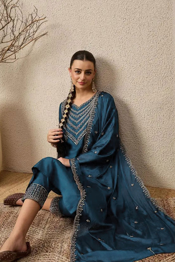 Art Silk Readymade Salwar Suit In Teal Color