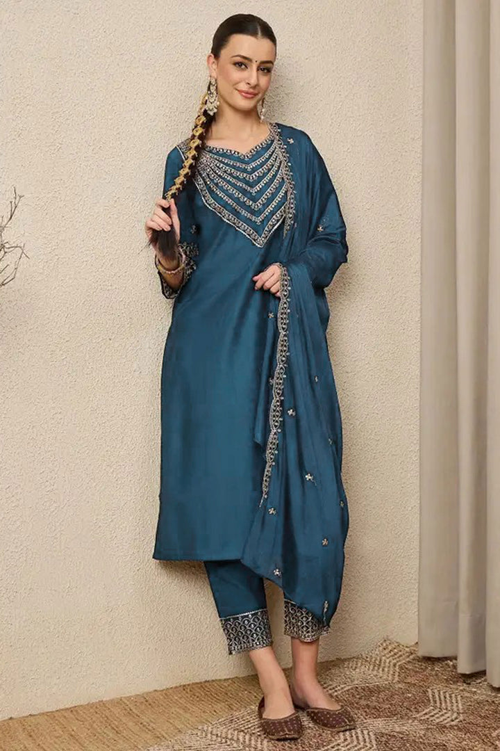 Art Silk Readymade Salwar Suit In Teal Color
