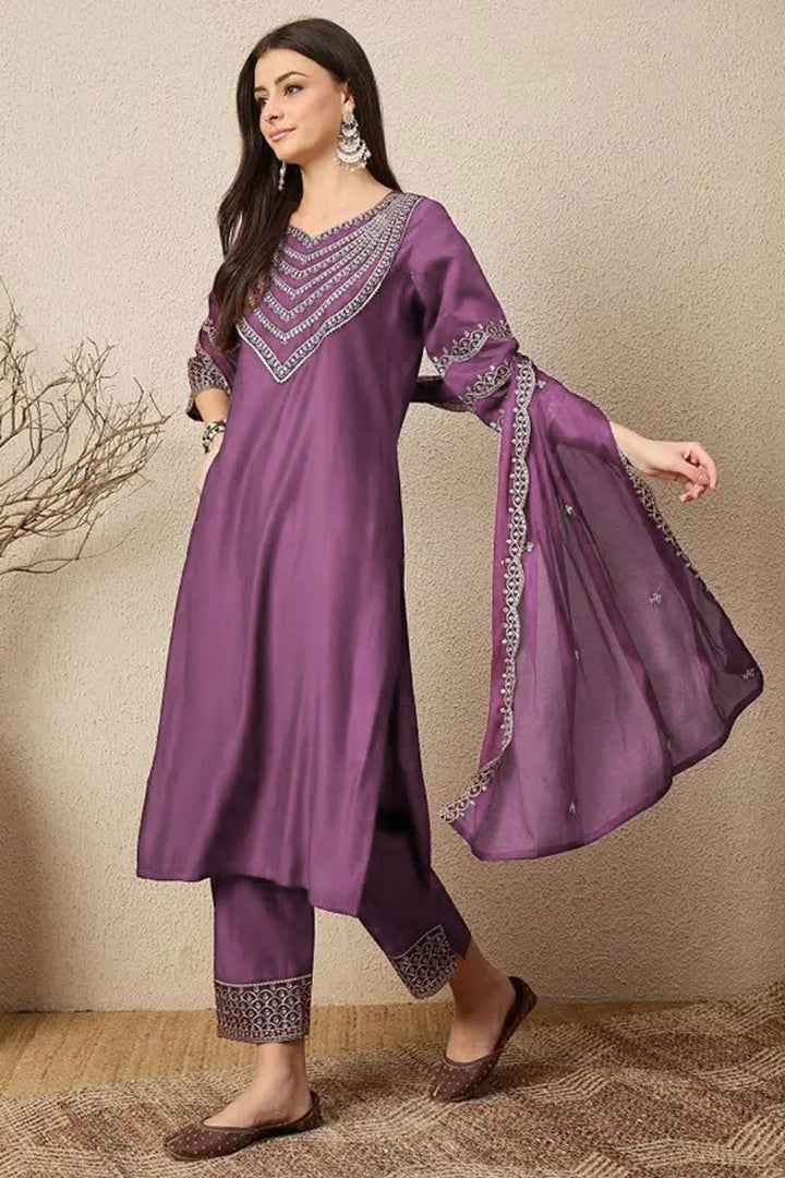 Amazing Lavender Color Art Silk Readymade Salwar Suit