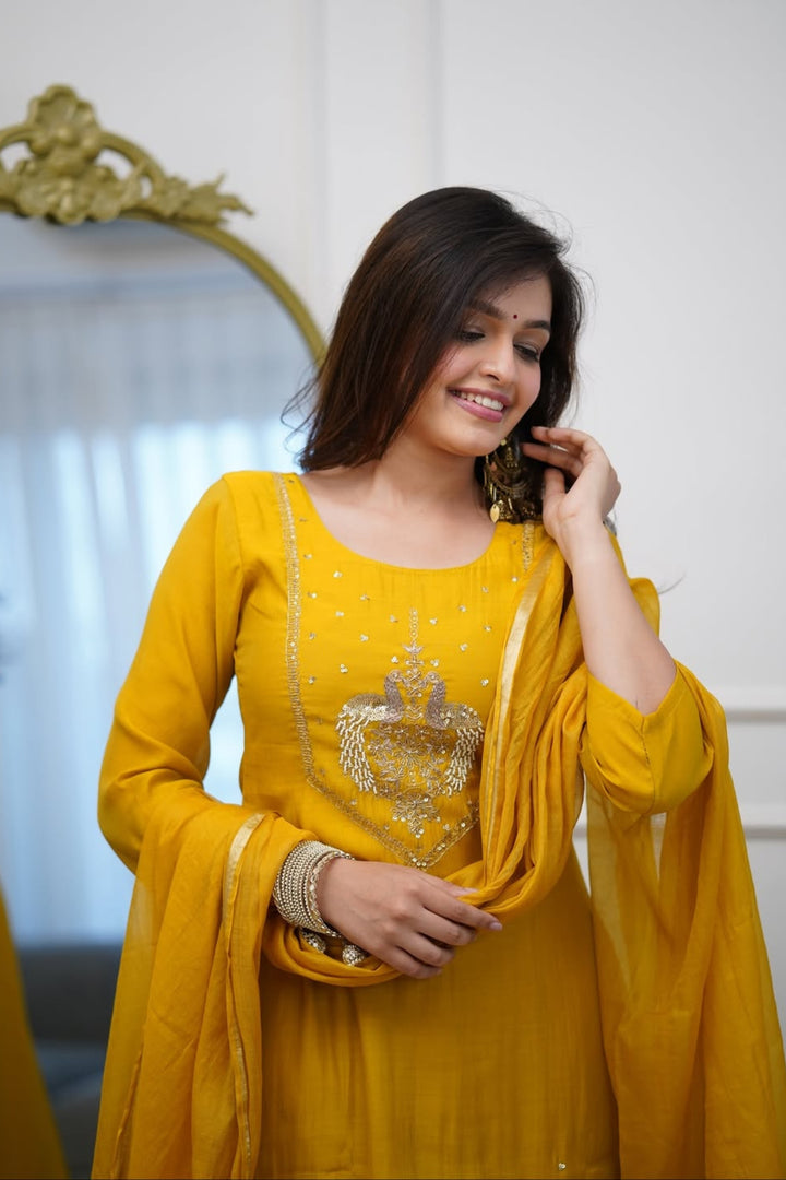 Readymade Chanderi Salwar Suit In Yellow Color