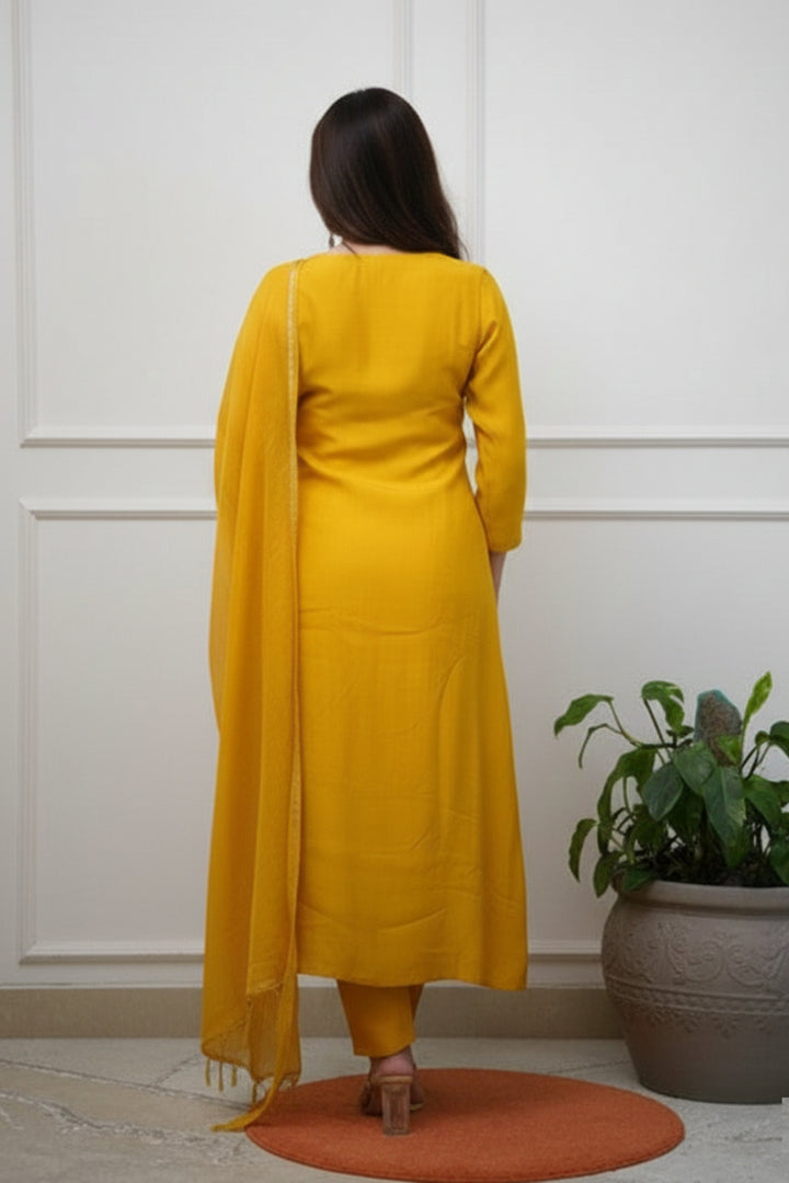 Readymade Chanderi Salwar Suit In Yellow Color