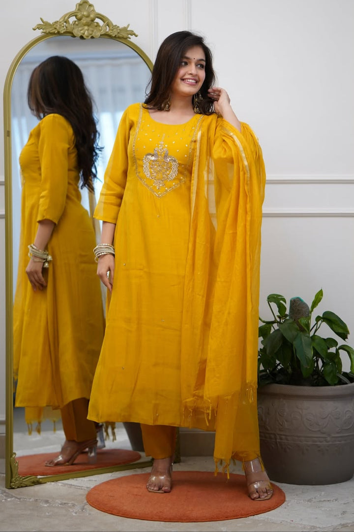 Readymade Chanderi Salwar Suit In Yellow Color