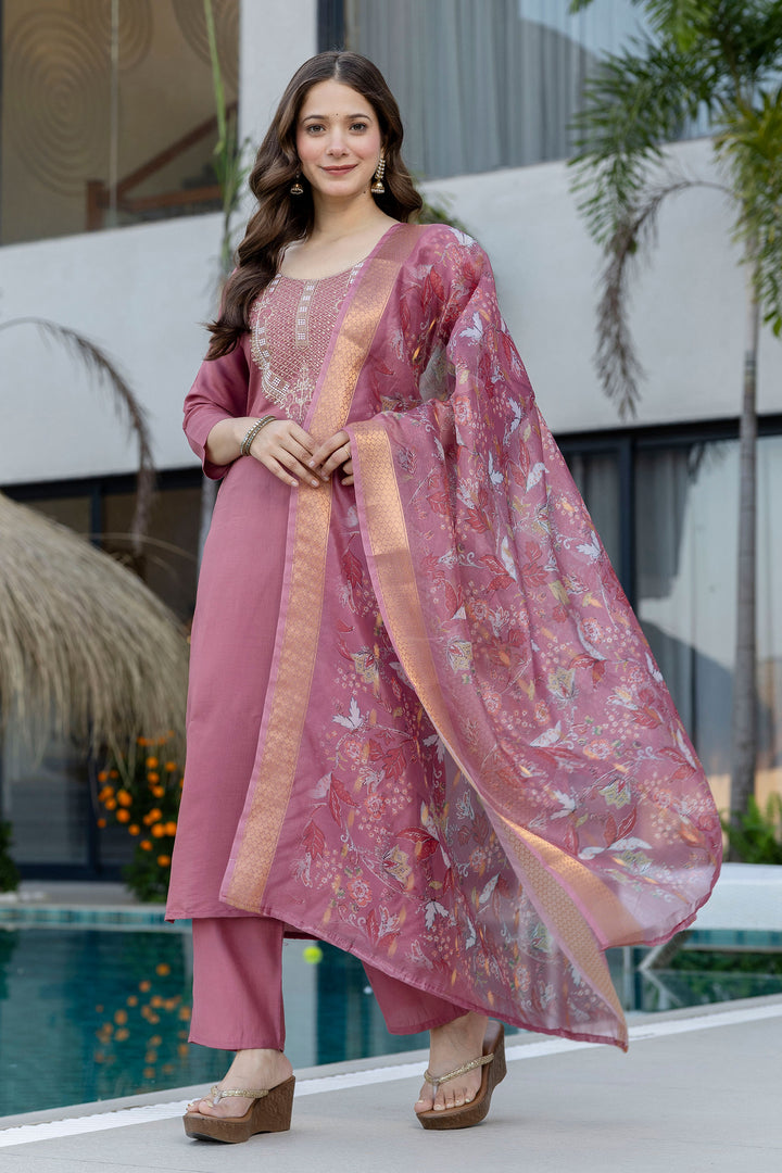Pink Color Chanderi Embroidered Readymade Salwar Suit