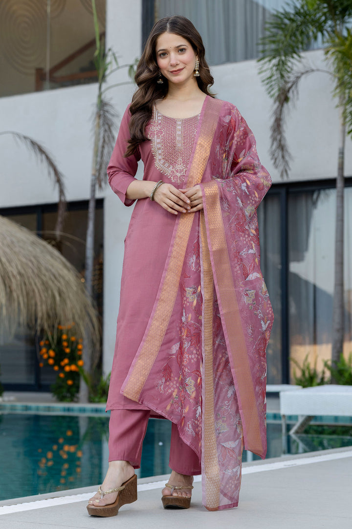 Pink Color Chanderi Embroidered Readymade Salwar Suit