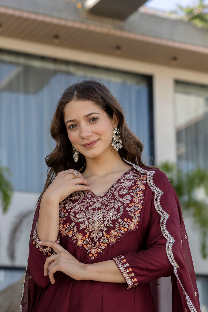 Maroon Color Chinon Embroidered Readymade Salwar Suit