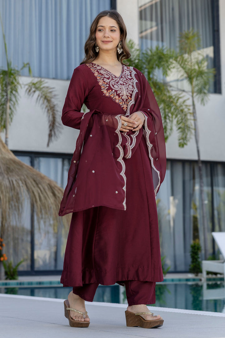 Maroon Color Chinon Embroidered Readymade Salwar Suit