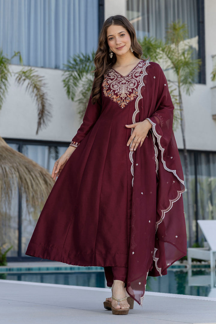 Maroon Color Chinon Embroidered Readymade Salwar Suit