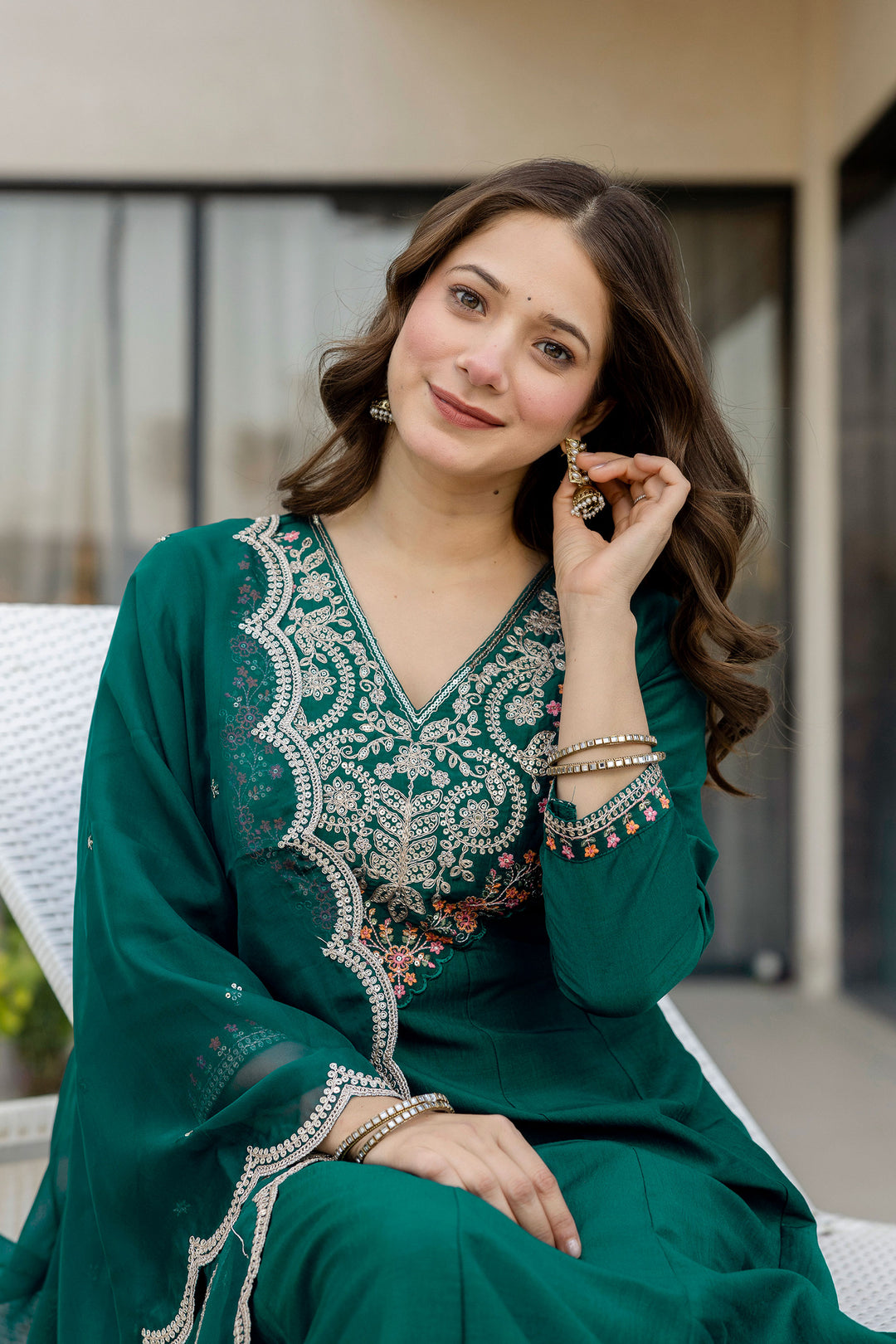 Green Color Chinon Readymade Embroidered Salwar Suit