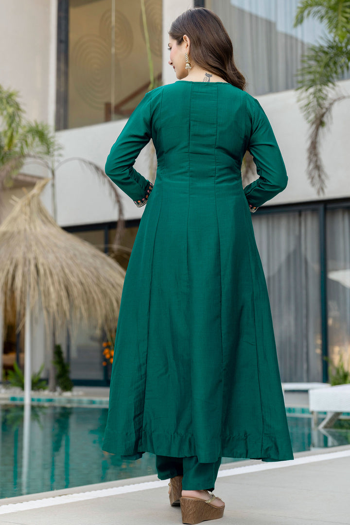 Green Color Chinon Readymade Embroidered Salwar Suit