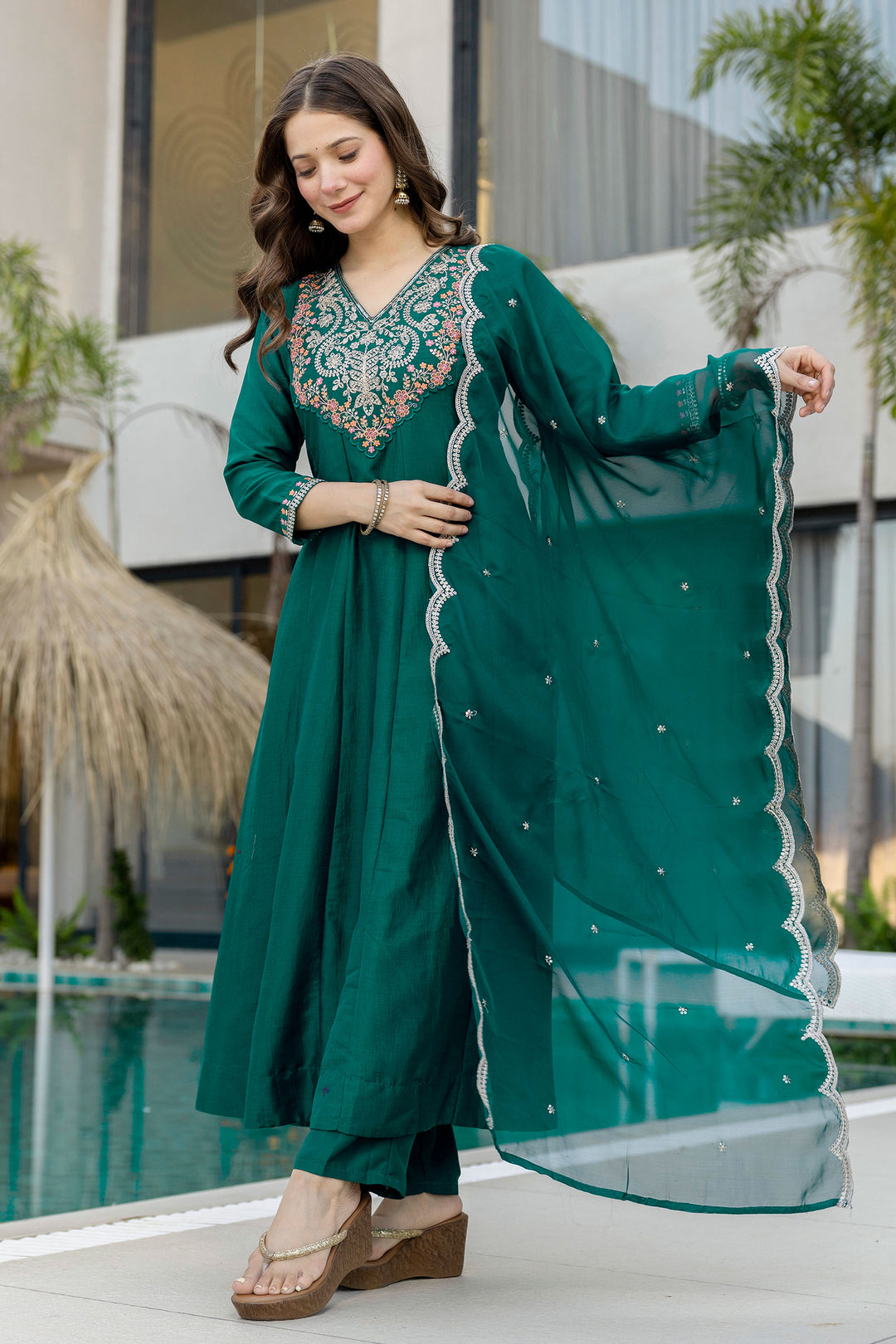 Green Color Chinon Readymade Embroidered Salwar Suit
