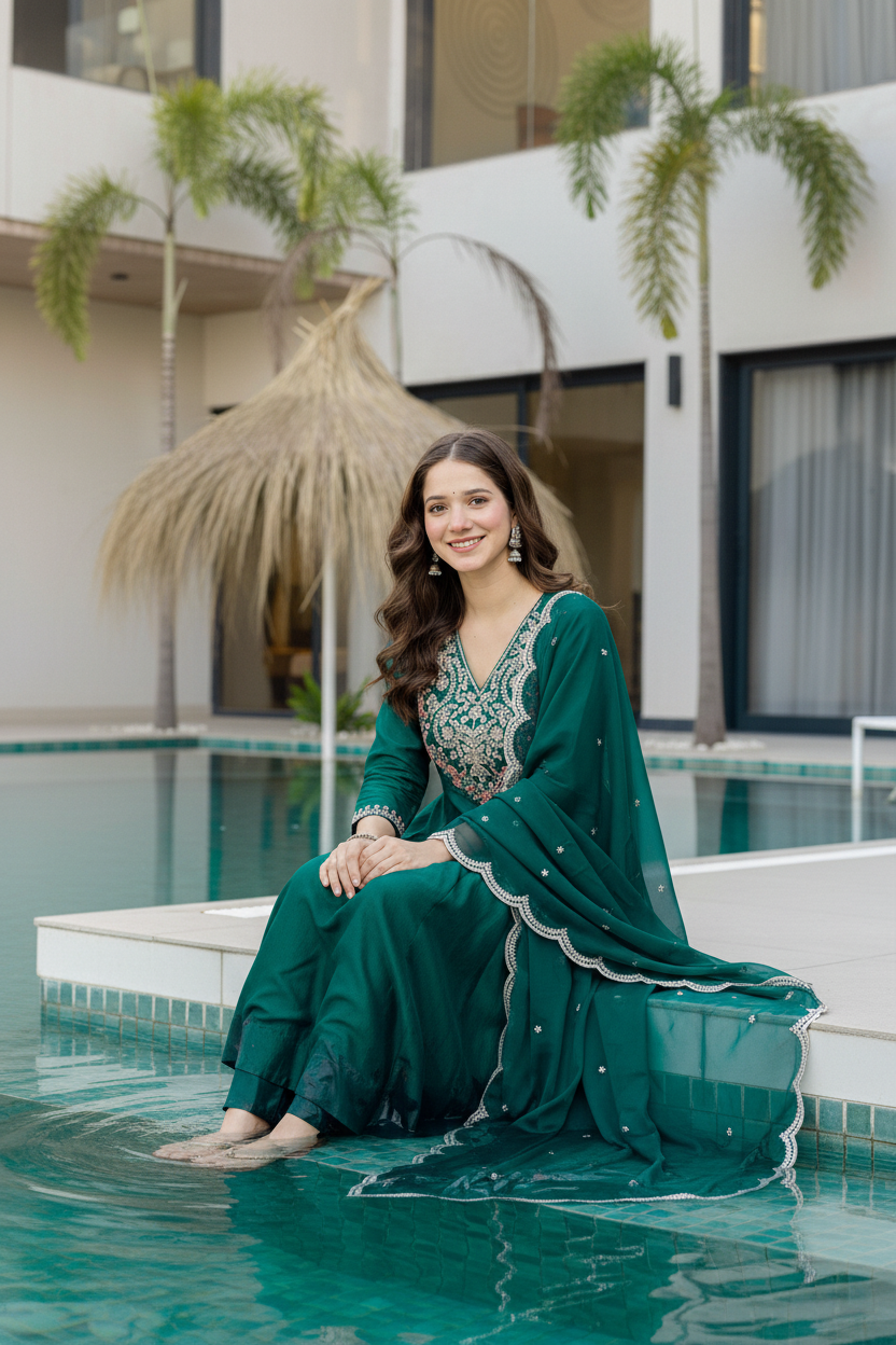 Green Color Chinon Readymade Embroidered Salwar Suit | Buy Online India