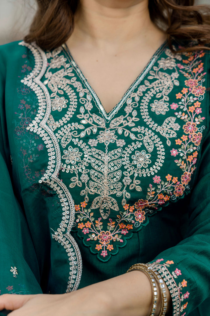 Green Color Chinon Readymade Embroidered Salwar Suit