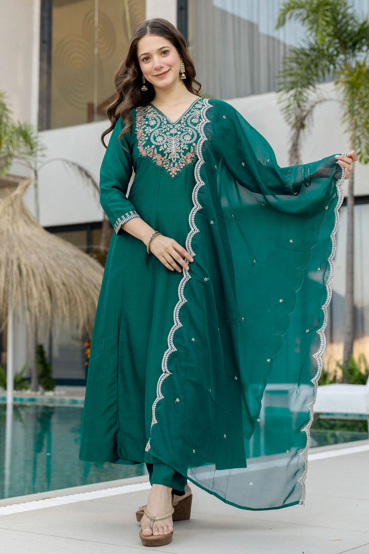 Green Color Chinon Readymade Embroidered Salwar Suit