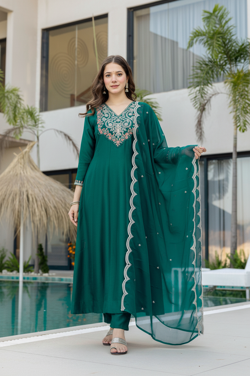 Green Color Chinon Readymade Embroidered Salwar Suit | Buy Online India