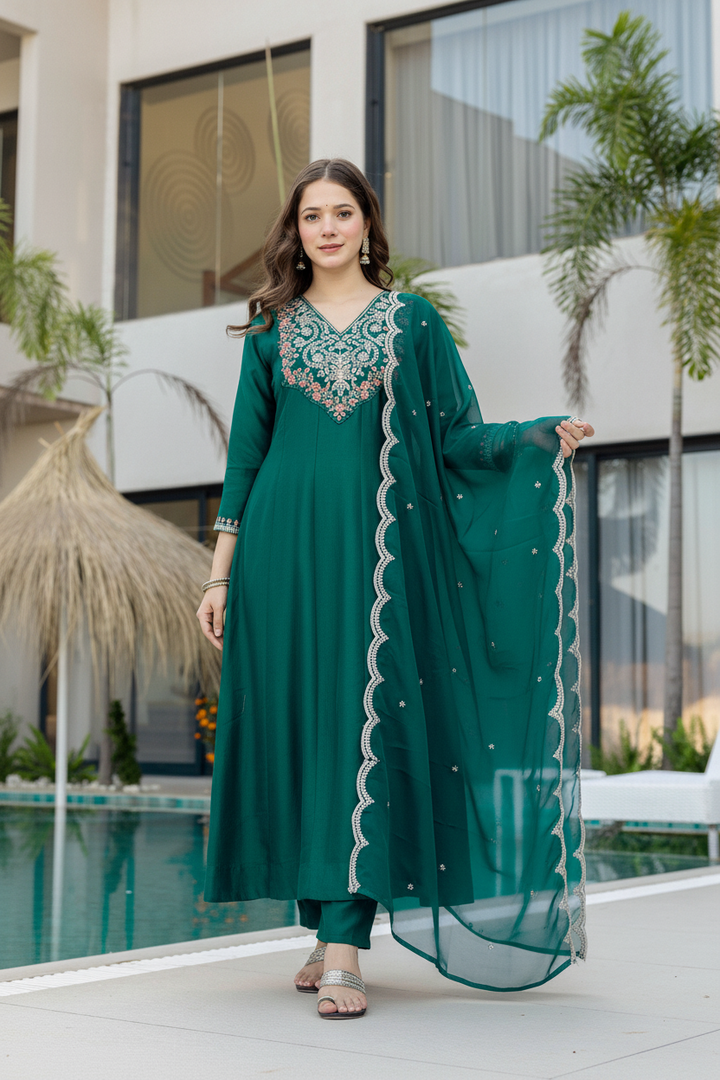 Green Color Chinon Readymade Embroidered Salwar Suit | Buy Online India
