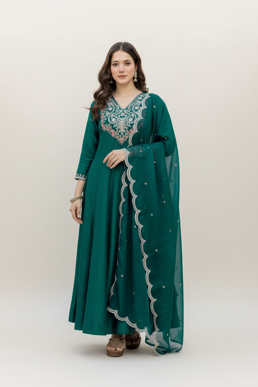 Green Color Chinon Readymade Embroidered Salwar Suit | Buy Online India