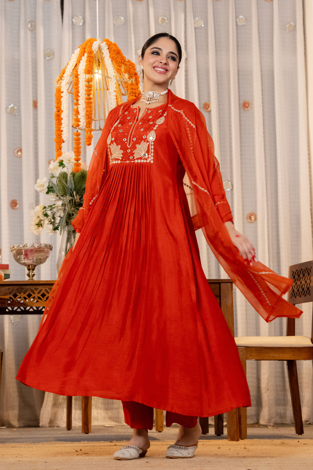 Orange Chamderi Silk Readymade Embroidered Salwar Suit