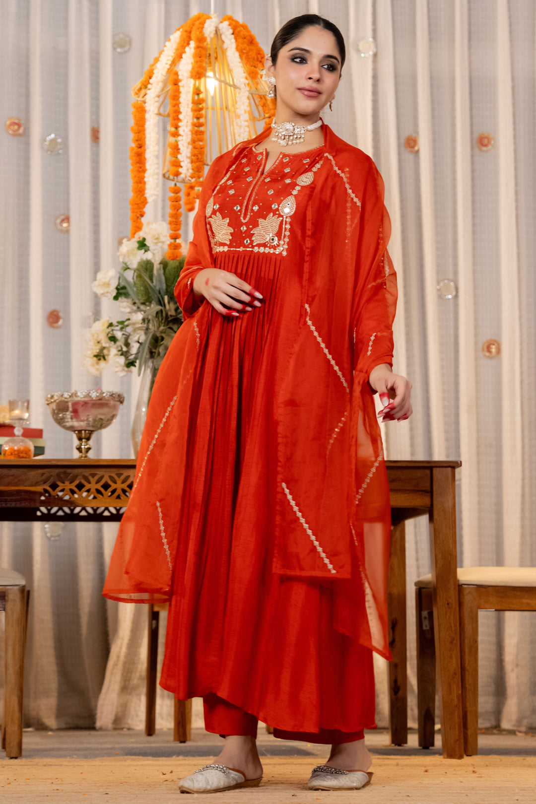 Orange Chamderi Silk Readymade Embroidered Salwar Suit