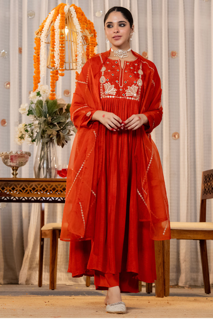 Orange Chamderi Silk Readymade Embroidered Salwar Suit