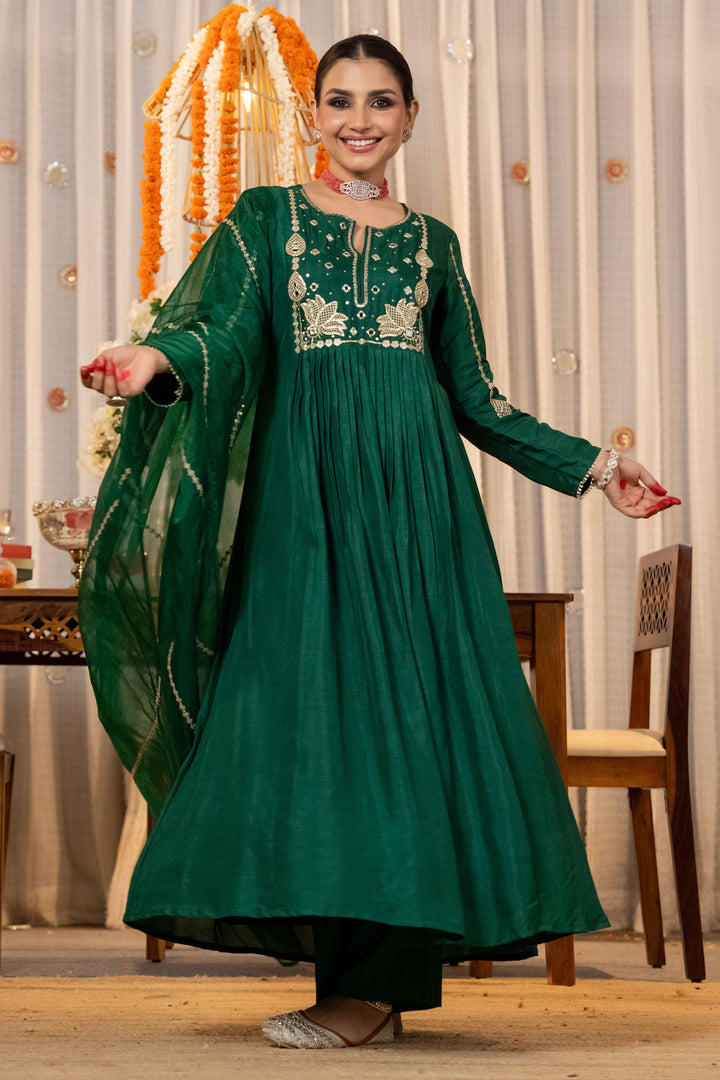 Embroidered Green Chanderi Silk Readymade Salwar Suit