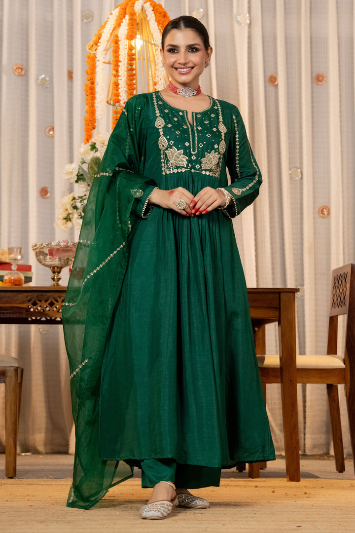 Embroidered Green Chanderi Silk Readymade Salwar Suit