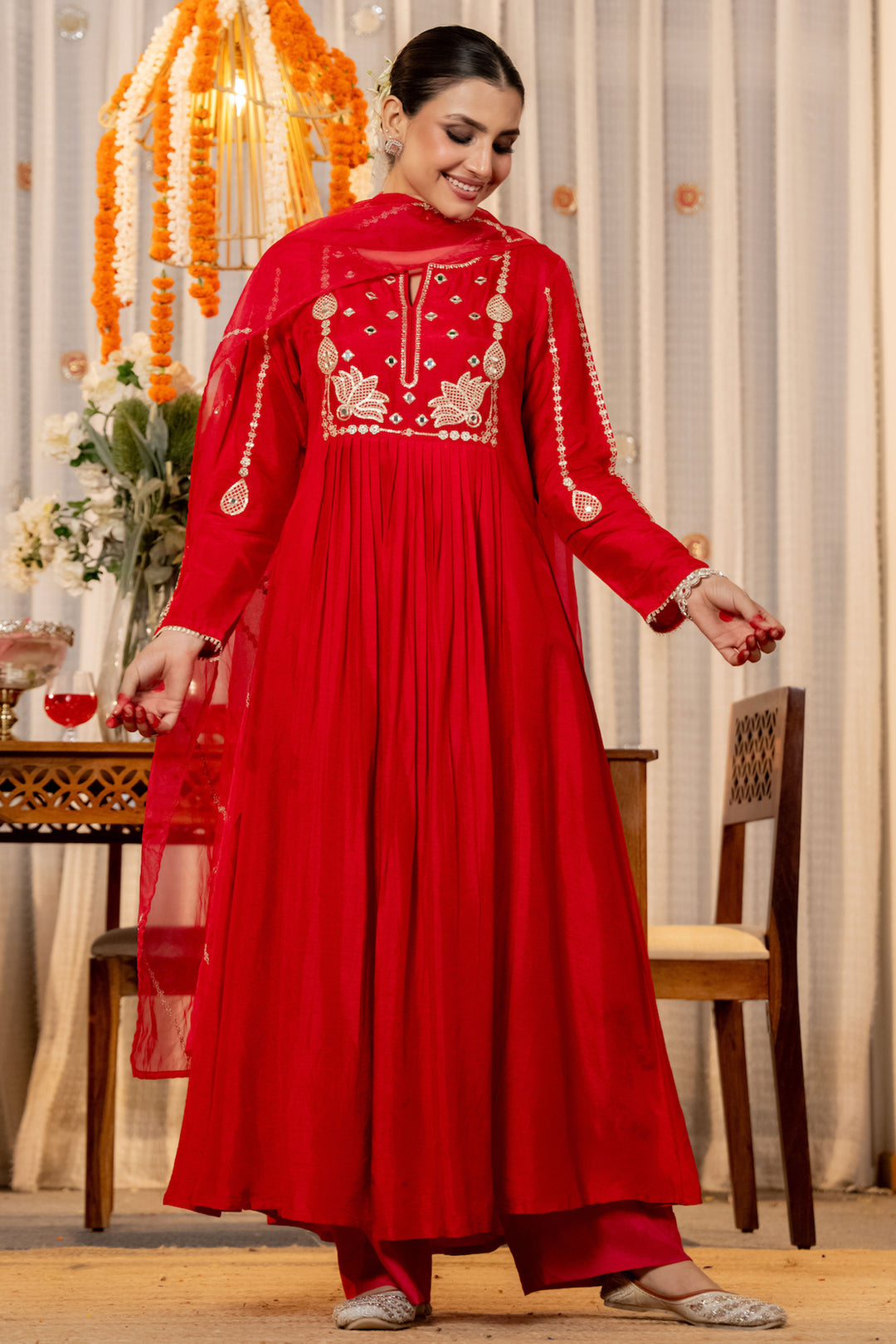 Red Embroidered Chanderi Silk Readymade Salwar Suit