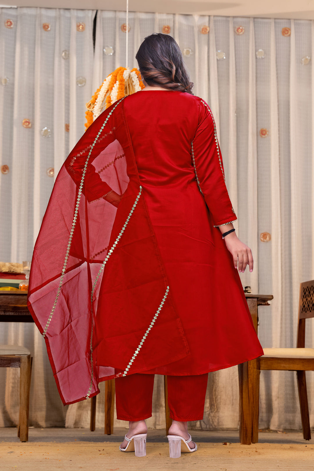 Red Embroidered Chanderi Silk Readymade Salwar Suit