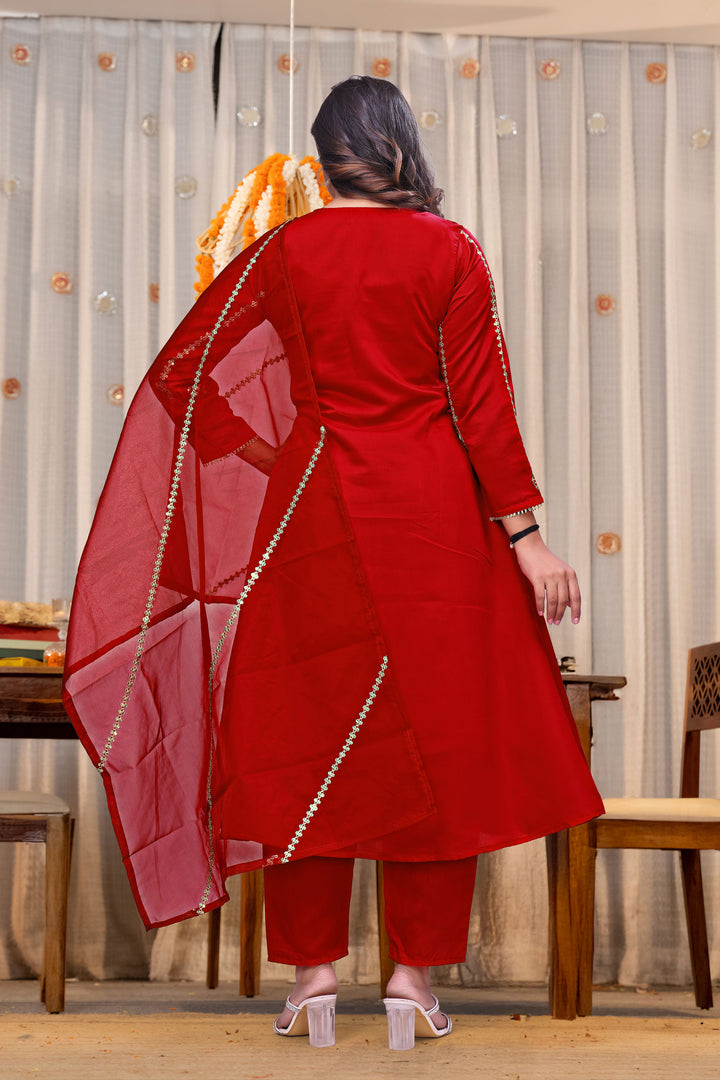 Red Embroidered Chanderi Silk Readymade Salwar Suit