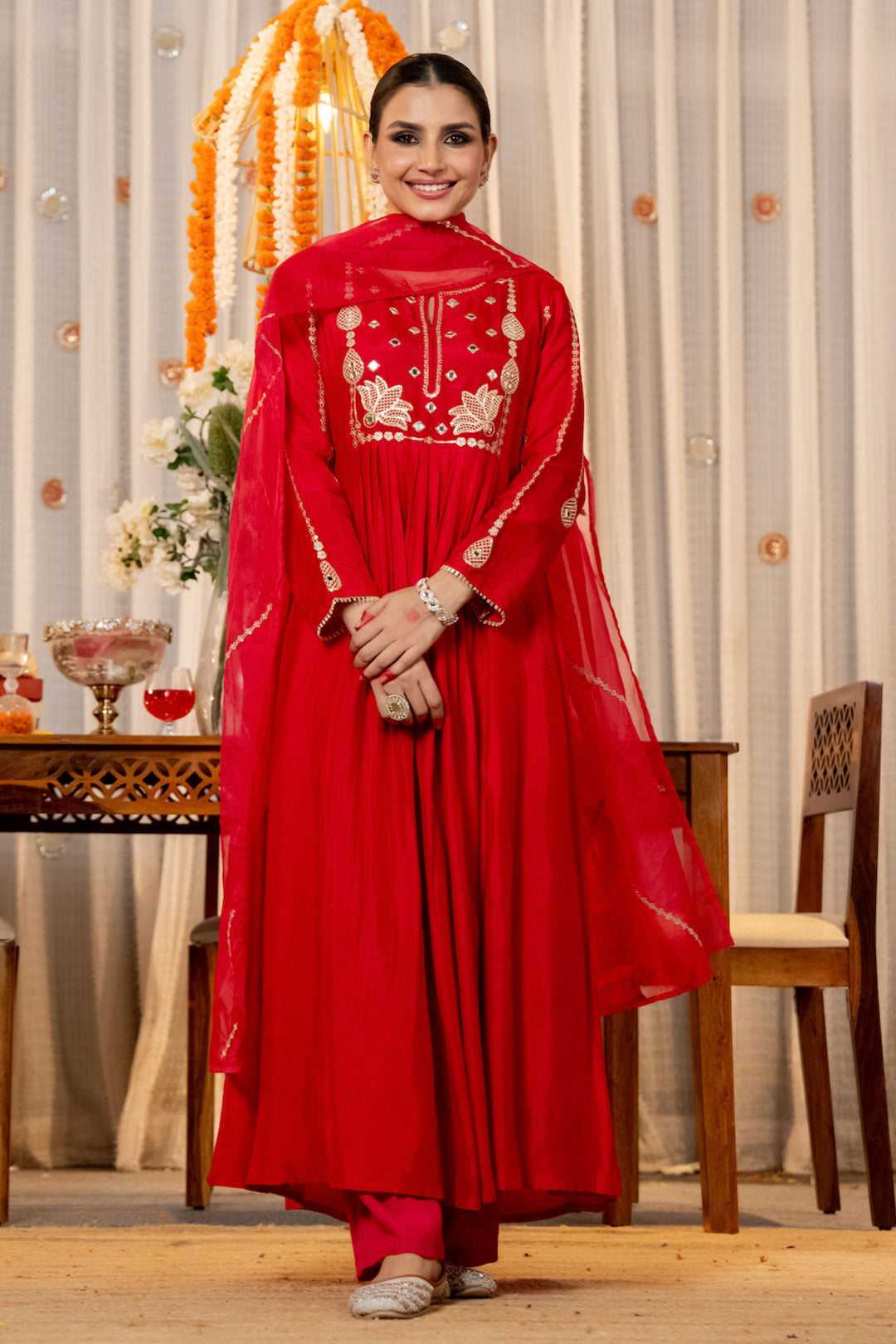 Red Embroidered Chanderi Silk Readymade Salwar Suit