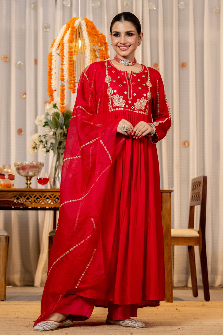 Red Embroidered Chanderi Silk Readymade Salwar Suit